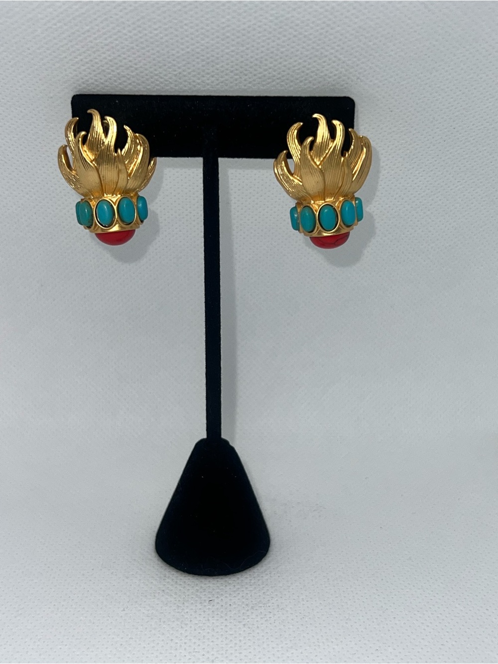 Vintage Statement Earrings Gold Tone Turquoise Red Art Deco Inspired Pierced